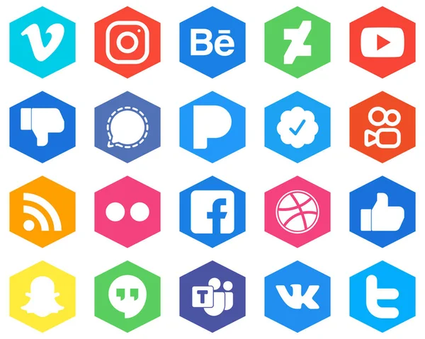 Hexagon Flat Color White Icon Set Rss Twitter Verified Badge — Stock Vector