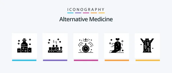 Alternative Medicine Glyph Icon Pack Including Healthcare Therapy Clock Nature — Stock Vector