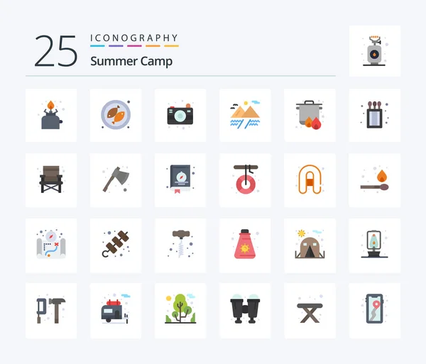 Summer Camp Flat Color Icon Pack Including Cooking Camping Camera — 스톡 벡터