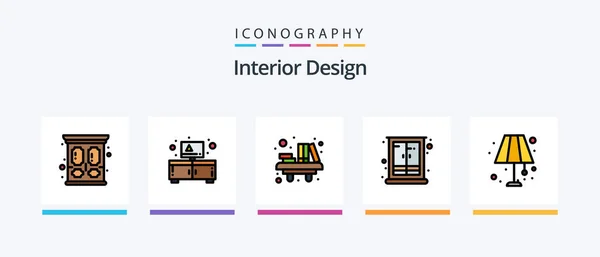 Interior Design Line Filled Icon Pack Including Cabinet Lighting Table — Stok Vektör