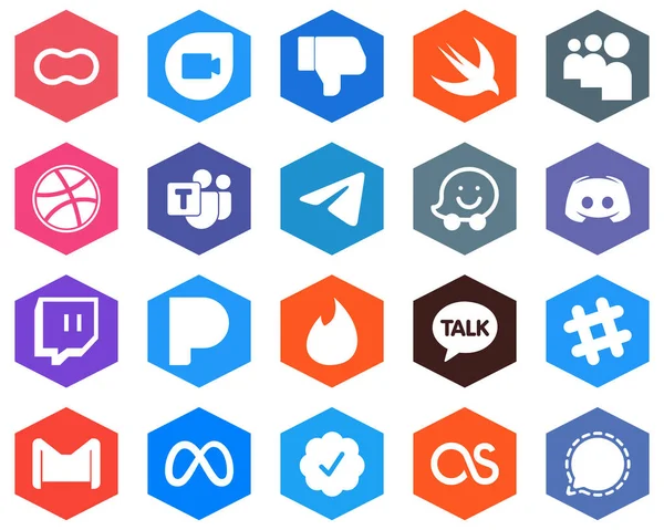 Hexagon Flat Color White Icon Pack Text Discord Dribbble Waze — Stock Vector