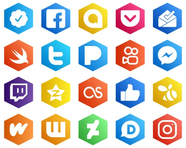 High Quality White Icons Tencent Twitch Twitter Messenger Icons Hexagon — Stock Vector