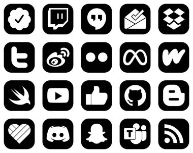 20 Versatile White Social Media Icons on Black Background such as swift. wattpad. sina. facebook and yahoo icons. High-definition and professional