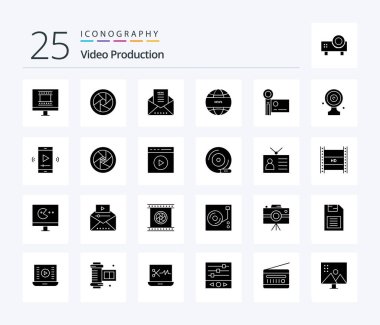 Video Production 25 Solid Glyph icon pack including camcorder. international news. email. global news.