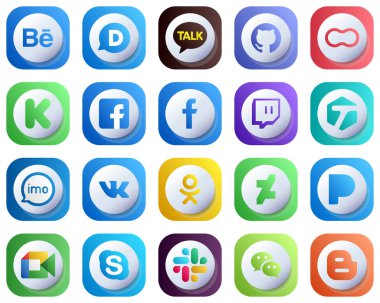 20 Cute 3D Gradient Social Media Brand Icons such as audio. funding. imo and twitch icons. Customizable and Stylish