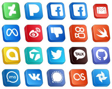 20 Isometric 3D Social Media Icons for Popular Brands such as swift. facebook. meta. dislike and china icons. Creative and eye-catching