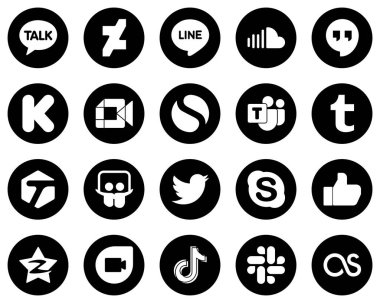 20 Customizable White Social Media Icons on Black Background such as slideshare. tumblr. funding and simple icons. Fully customizable and high-quality