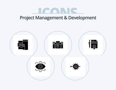 Project Management And Development Glyph Icon Pack 5 Icon Design. briefcase. identity. writing. branding. production