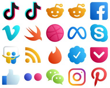 Gradient Social Media Brand Icons 20 pack such as slideshare. skype. facebook and dribbble icons. Fully editable and professional