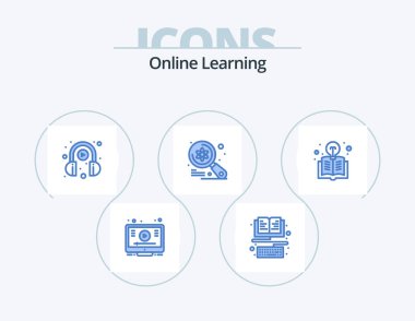 Online Learning Blue Icon Pack 5 Icon Design. book. science. e learning. imac. computer
