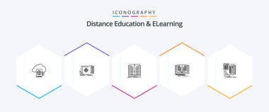 Distance Education And Elearning 25 Line icon pack including stationary. book. target. novel. book