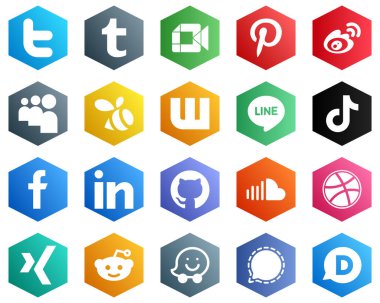 25 Fresh White Icons such as video. tiktok. sina. line and swarm icons. Hexagon Flat Color Backgrounds