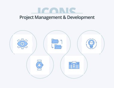 Project Management And Development Blue Icon Pack 5 Icon Design. modern. business. holding. production. eye