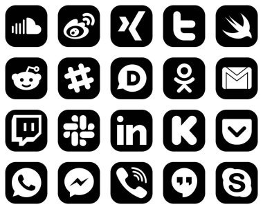 20 Simple White Social Media Icons on Black Background such as mail. gmail. twitter. odnoklassniki and spotify icons. Fully customizable and professional