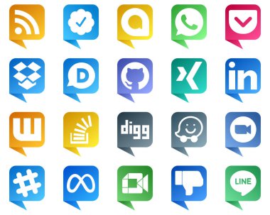 20 Chat bubble style Social Media Icons for Popular Brands such as digg. stock. github. question and wattpad icons. Eye catching and editable