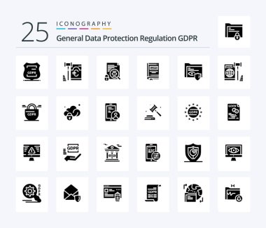 Gdpr 25 Solid Glyph icon pack including book . surveillance. euro . security . file