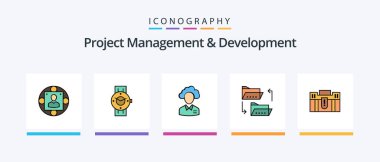 Project Management And Development Line Filled 5 Icon Pack Including office. team. page. meeting. list. Creative Icons Design