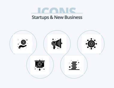 Startups And New Business Glyph Icon Pack 5 Icon Design. network. economy. payment. cash. speaker