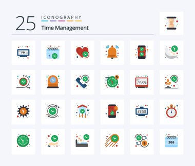 Time Management 25 Flat Color icon pack including application. signal. clock. notification. alert
