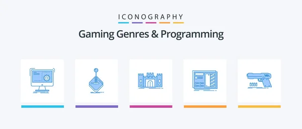 Gaming Genres Programming Blue Icon Pack Including Drawing Blueprint Joystick — ストックベクタ