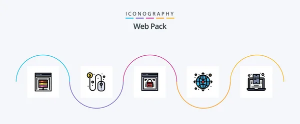 Web Pack Line Filled Flat Icon Pack Включая Мобильный Блог — стоковый вектор