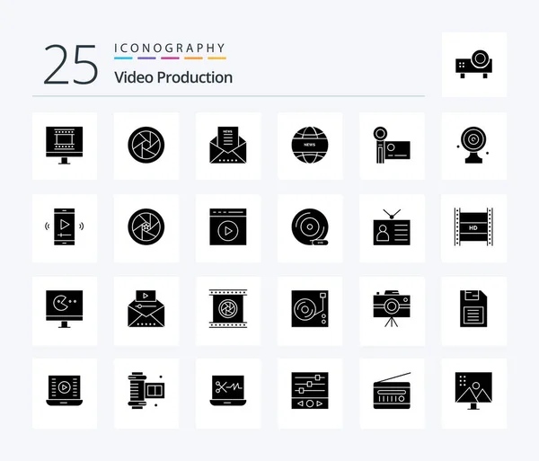 Video Production Solid Glyph Icon Pack Including Camcorder International News — Vettoriale Stock