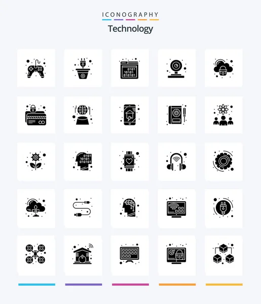 创意技术25字形固体黑色图标包 如As安全性 摄像头 可再生 Seo — 图库矢量图片