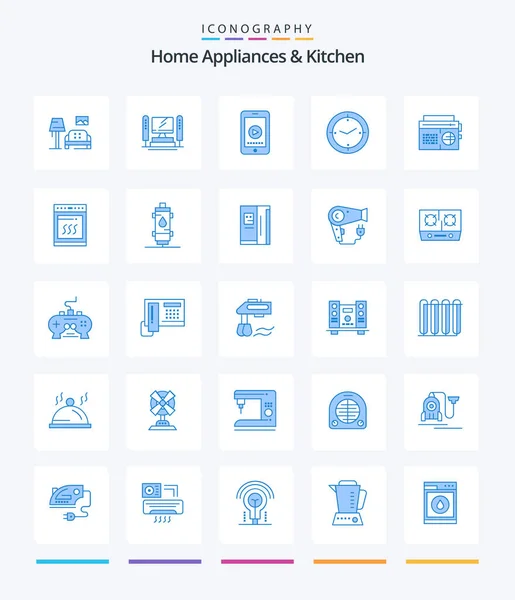 创意家用电器和厨房25蓝色图标包 如音乐 罗盘时间 — 图库矢量图片