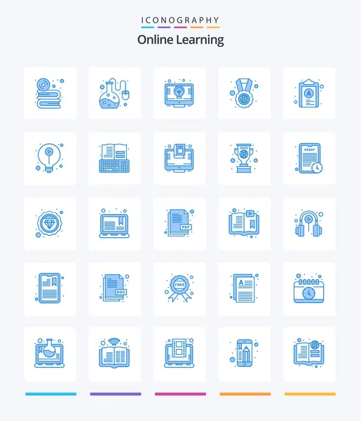 Creative Online Learning Blue Icon Pack File Medal Bulb World — Stok Vektör