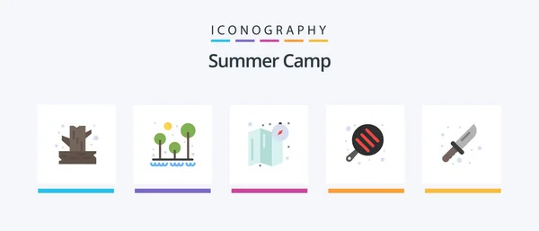 Summer Camp Flat Icon Pack Including Knife Camping Tree Pan — Vector de stock