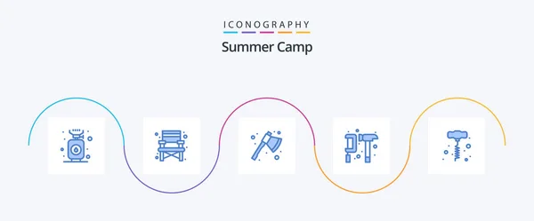 Summer Camp Blue Icon Pack Including Hand Drill Hammer Axe — Stock vektor