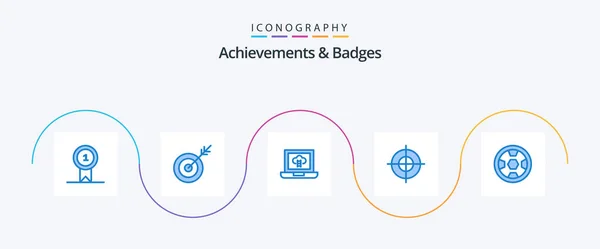Achievements Badges Blue Icon Pack Including Wreath Award Laptop Achievement — Stockvektor