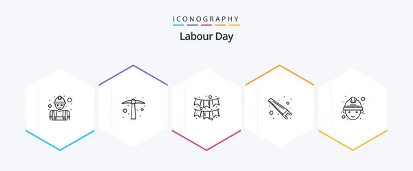 Labour Day Line Icon Pack Including Miner Cutter Celebration Tools — стоковый вектор