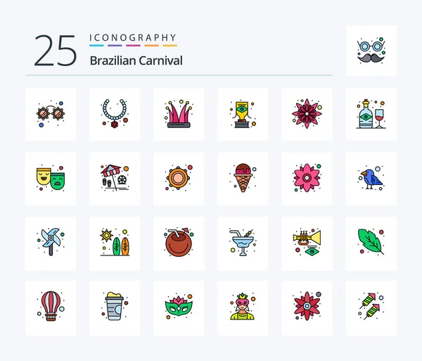 Brazilian Carnival Line Filled Icon Pack Including Sunflower Award Clown — Stok Vektör