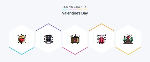 Valentines Day Filledline Icon Pack Including Night Date Gown Briefcase — Stockvector