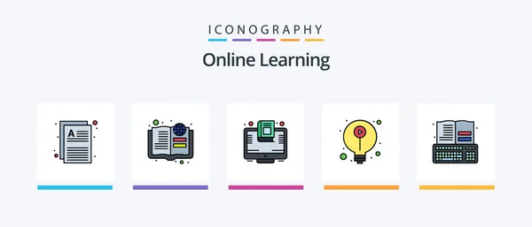 Online Learning Line Filled Icon Pack Including Value Pdf Notes — Archivo Imágenes Vectoriales