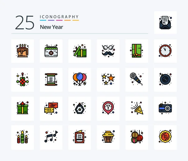 New Year Line Filled Icon Pack Including Gift Pack Glasses — Stockvector