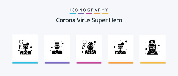 Corona Virus Super Hero Glyph Icon Pack Including Nurse Doctor — 图库矢量图片