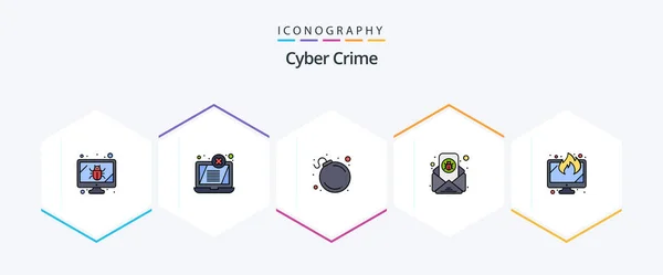 Cyber Crime Filledline Icon Pack Including Screen Alert Letter Email — Vettoriale Stock