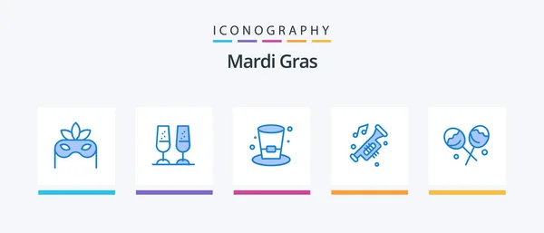 Mardi Gras Blue Icon Pack Including Confectionery Trumpet Drink Noise — Wektor stockowy