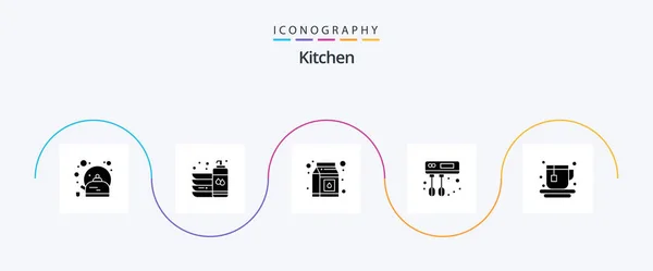 Kitchen Glyph Icon Pack Including Tea Cup Wash Mixer Cook — Vector de stock