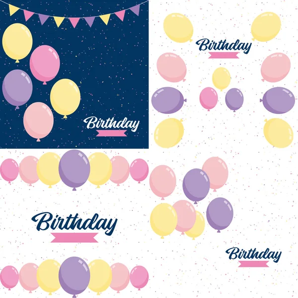 Happy Birthday Playful Hand Drawn Font Background Balloons Confetti — Vetor de Stock