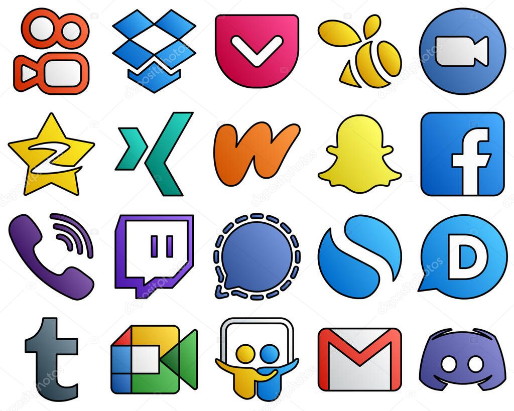 20 Unique icons facebook. qzone. snapchat and wattpad Filled Line Style Social Media Icon Set