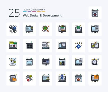Web Design And Development 25 Line Filled icon pack including laptop. edit tool. engine. web. design