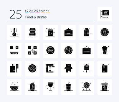 Food & Drinks 25 Solid Glyph icon pack including entertainment. bar sign. kiosk. bar. food