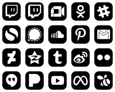 20 Modern White Social Media Icons on Black Background such as deviantart. email. mesenger. gmail and music icons. High-definition and unique