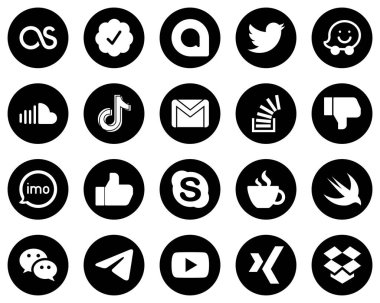 20 High-Definition White Social Media Icons on Black Background such as stockoverflow. email. music. gmail and china icons. Minimalist and high-resolution