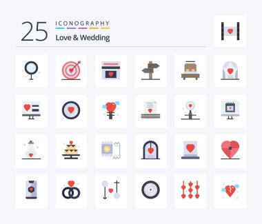 Love And Wedding 25 Flat Color icon pack including love. direction. wedding. wedding fund. money box