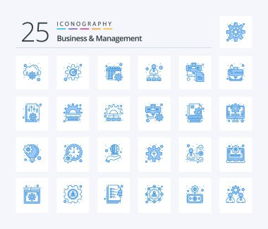 Business And Management 25 Blue Color icon pack including business. bag. gear. network. hierarchical structure