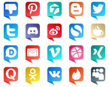 20 High Quality Chat bubble style Social Media Icons such as caffeine. discord. china and weibo icons. Unique and high definition